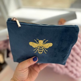 Pink Positive Velvet Navy Blue Bee Design Cosmetic Bags - Small Make Up Bag for Women - Elegant Makeup Bag Small Size for Travel and Daily Use