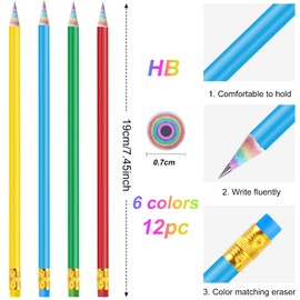 Ainiv 12PCS Rainbow Paper Pencils, #2 HB Pencil Rainbow Colored Eco-friendly Wood & Plastic Free Pencils with Erasers Toppers, Multi-color Graphite Pencils for School and Office Supplies