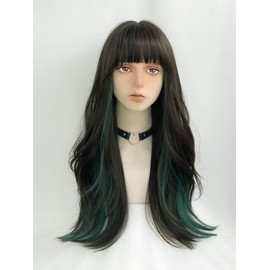 WKLOUYHE Long Wavy Wig for Women Synthetic Curly Wig with Bangs Fibre Cosplay Wig for Girls Daily Use Colorful Wigs (Black+Brown+Green)