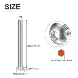 DTGN M6-1x70mm Button Head Socket Cap Screws - 10Pack - Good for Machine - 304 Stainless Steel 18/8 - Hex Drive Full Thread Fasteners