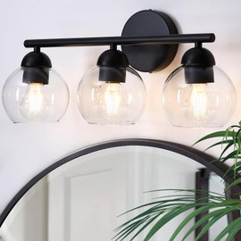 Wynterhaven 3 Light Bathroom Vanity Light, Black Vanity Light with Globe Glass Shades, Farmhouse Bathroom Light Fixtures Over Mirror, Modern Wall Lights for Bedroom Hallway, E26 Socket