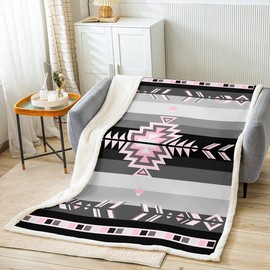 Southwest Native American Design Sherpa Blanket 40"x50" Southwestern Geometric Fleece Throw Blanket for Kids Boys Girls Decor Tribal Pink Grey Black Plush Blanket Modern Art Fuzzy Blanket