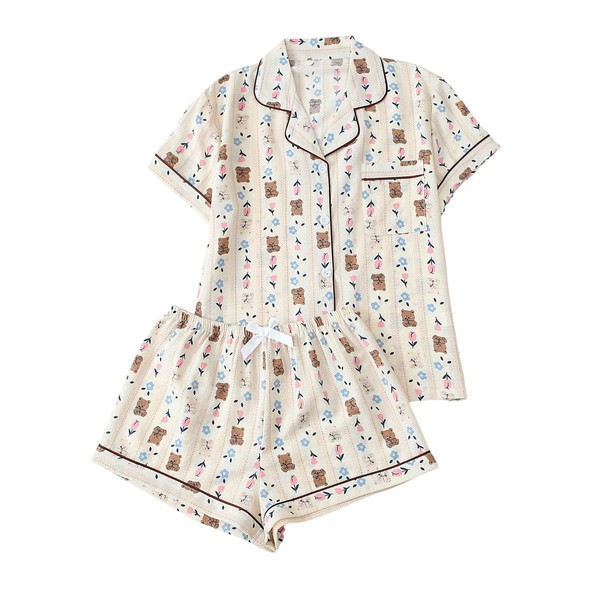 MakeMeChic Women's 2 Piece Pajama Set Bear Print Button Down