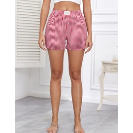 Viakeo Womens Pajama Bottoms Cotton Plaid Boxer Shorts Y2K Summer Beach Lounge Shorts With Pockets