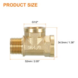 sourcing map Brass Tee Pipe Fitting, G1/2" (Female x Female x Male) 3 Way T-Connector Fitting Coupler Adapter for Gas Transport Connect Pipelines