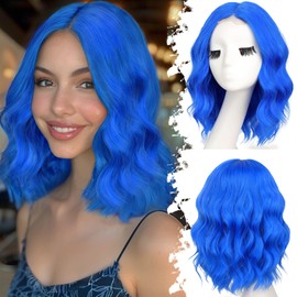 Eawwii Blue Short Wavy Wig for Women Lace Hairline Bob Style Synthetic Heat Resistant - Natural Appearance for Everyday Hairstyle 14 Inch