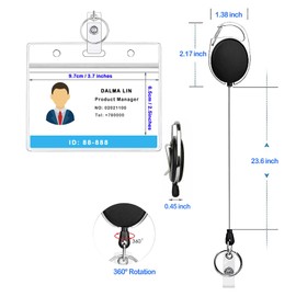 2 Pack Horizontal Lanyard ID Badge Holder with Clip, Carabiner Reel Clip and Clear Name Tag ID Card Holders Retractable