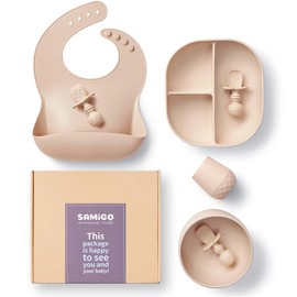 SAMiGO Silicone Baby Feeding Set, Suction Plate Bowl Set, Self Feeding Spoons, Bib, Cup, Baby Led Weaning Supplies, First Stage Feeding Essentials, Food Eating Utensils, 6+ Months