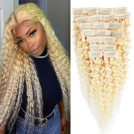 CYIKLI Blonde 26 Inch Curly Clip in Human Hair Extensions 613 Deep Wave Seamless Clip in Hair Extensions Thick Real Human Hair Clip ins Blonde Curly Hair Extensions for Women 100-140g/set