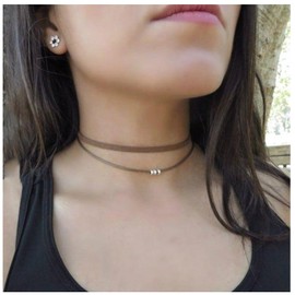Cybche Layered Leather Choker Necklace Brown Suede Choker Necklace Silver Beads Pendant Necklace Vintage Velvet Short Necklace Leather Cord Choker Necklace Jewellery for Women and Girls, Zinc, No