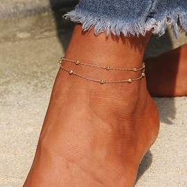 Carovo Minimalist Layered Satellite Ankle Bracelet 18K Gold Plated Cute Layering Beads Sphere Boho Ankle Bracelet Delicate Summer Beach Beaded Anklets for Women