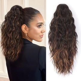 Yacurcur 18" Claw Clip in Ponytail Extensions Curly Wavy Ponytail Hair Extension Synthetic Pony Tails Hair Piece Natural Wavy Hairpieces for Women Brown with Blonde Highlights Color