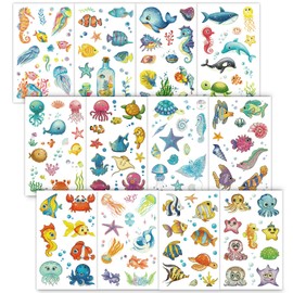 Konsait 12 Sheets Sea Animals Tattoos - Glitter Under the Sea Tattoos for Children, Tropical Sea Life Animal Temporary Tattoos, Shark Octopus Starfish Fake Tattoos, Under the Sea Party Items
