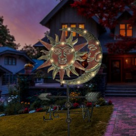 TERESA'S COLLECTIONS Sun & Moon Face Solar Outdoor Lights, Metal Decorative Stake Weathervane Garden Decor for Outside, Yard Decorations Outdoor Lawn Ornaments for Porch Decor Gifts for Mom, 34"