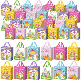 Wesnoy 24 Pcs Happy Easter Hunt Bags with Handles Non Woven Bunny Gift Bags Reusable Rabbit Baskets for Easter Party Gifts Wrapping Supplies