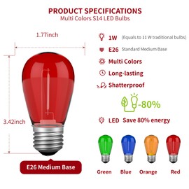 VISTERLITE S14 Colored LED String Light Bulbs, 1 Watt Plastic Shatterproof LED Replacement Bulbs for Indoor Outdoor Patio String Light, E26 Medium Base, Multi-Color: Red/Green/Blue/Orange