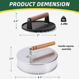 FuPatio Basting Cover and Cast Iron Grill Press, 8.2" Stainless Steel Melting Dome with 7" Cast Iron Burger Press for Flat Top Grill Griddle, Heat Resistant Wood Handle, Dishwasher Safe