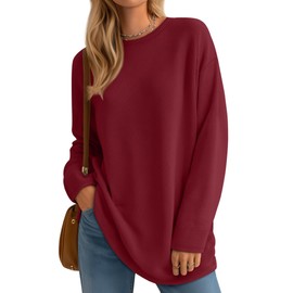 Velvelhall Womens Long Sleeve Shirts Oversized Waffle Knit Cotton Tunic Tops Casual Crewneck Long Shirts Wear with Leggings(Wine Red,Medium)