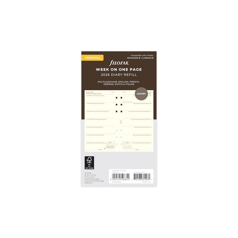 Filofax Personal Week Per Page, 5 Languages, Cotton Cream, 2026,