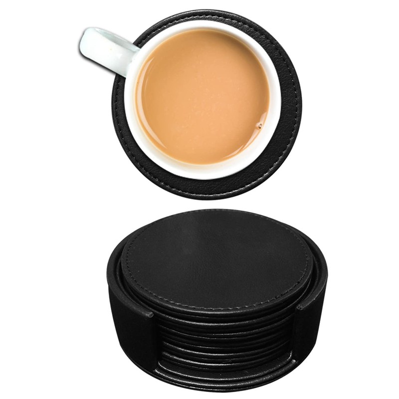 Faux leather round Tea Coasters with cover, pack of 6