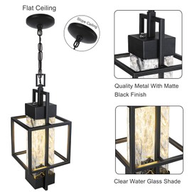 PARTPHONER 15" Dusk to Dawn Outdoor Pendant Light Exterior Hanging Lantern, Modern Black Metal Outside Chandelier Light Fixture Ceiling Mount with Water Glass for Front Porch Entrance Foyer Entryway