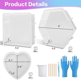 Epoxy Resin Molds Silicone,Large Heart Hexagon Square Silicone Resin Molds for Flower Preservation,Resin Casting,Bookend,Home Decors,DIY Resin Art