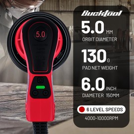 Bucktool 3.0 Amp 6 Inch Orbital Sander Brushless Motor, 4000-10000 Variable Speed, 5mm Orbit Diameter, with Precision Dust Control & 4 Sanding Pads