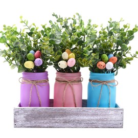 DIYDEC 3PCS Easter Mason Jars 3 * 5Inch Easter Painted Tiered Tray Decorative Jars with Wood Tray &Artificial Flowers Farmhouse Bottles for Holiday Spring Home Table Centerpiece Decor Gifts