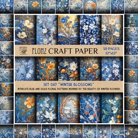 Scrapbook Paper (30 Pages 12"x12") Winter Blossoms: Intricate Blue and Gold Floral Patterns Inspired by The Beauty of Winter Flowers FLONZ Vintage Styled Double Sided Paper Pad for Craft Cardmaking