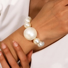 Navirix Acrylic Chunky Gold Beaded Bracelet for Women,Extra Big Round Ball Bead Chain Stretch Bracelet,Exaggerated Faux Pearl Bracelets Prom Party Jewelry (Pearl)