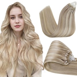 Hetto Micro Loop Hair Extensions Human Hair Blonde Highlight Micro Beads Hair Extensions Dirty Blonde Highlight Light Blonde Blonde Micro Link Hair Extensions 20 Inch 50g 50Strands