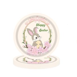 USUKUSI 24 Pcs Easter Paper Plates Vintage Bunny Rabbit Flower Disposable Plates Spring Floral Round Tableware Dinner Dessert Plates Easter Theme Plates for Appetizer Party Decor Supplies, 9 Inch