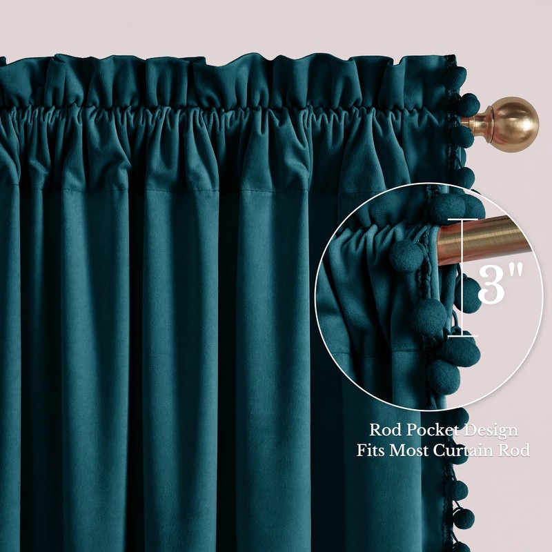 RYB HOME Teal Velvet Blackout Curtains with Pompoms for Bedroom