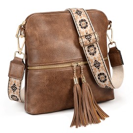 UTO Faux Leather Cross Body Bag Women Vintage Shoulder Bag Tassels Zippers Pocket Adjustable Nylon Shoulder Strap Within Pattern Brown