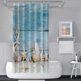 ChloropLastid Beach Starfish Shower Curtain Set with Hooks Seashell Starfish Ocean Theme Bathroom Decoration Vintage Fishing Nets Wooden Board Waterproof Fabric Shower Curtain 72x72 Inch