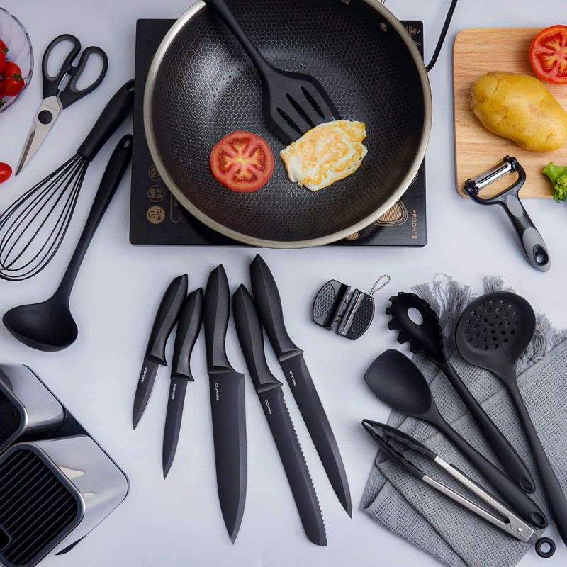 RAXCO Kitchen Utensils Set,18-Piece Cooking Tools and Sharp Knives,Stainless Steel