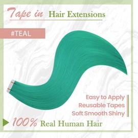 RUNATURE Tape in Hair Extensions - Teal Colored Human Hair Skin Weft, Invisible Remy Natural Hair, 18 Inch, 25g, 10pcs