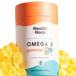 Health Hack Omega 3 en Gomitas, 1000 mg de Aceite con 500 mg DHA y 200 mg EPA por Porción, Sabor Piña, Sin Azúcar y Sin Colorantes Artificiales, 180 G