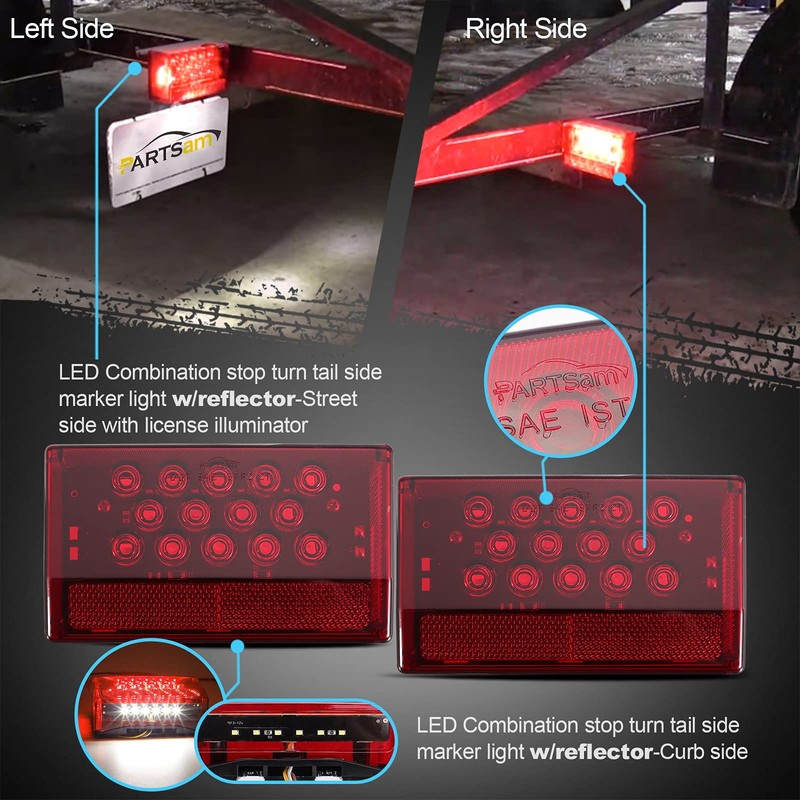 Partsam 6" Rectangular LED Combination Tail Lights Kit Red, 12V