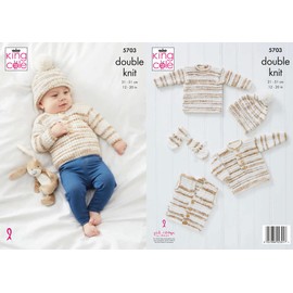 King Cole 5703 Knitting Pattern Baby Sweaters Waistcoat Hat Mittens in Baby Stripe DK