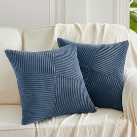 FDTERN Set of 2 Denim Blue Boho Decorative Cushion Covers 45 x 45 cm with Diagonal Striped Pattern Soft Corduroy Cushion Cover Decorative Cushion Covers Sofa Cushion Decorative Cushion Decoration for
