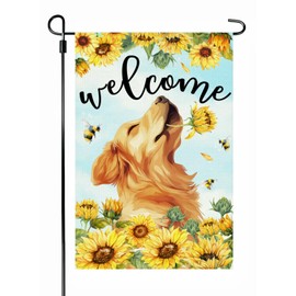 Welcome Spring Summer Dog Garden Flag, Cute Golden Retriever 12x18 Inch Double Side Burlap Flag, Summer Welcome Dog Flags for Lawn Yard Patio Porch Beach Decor