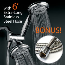 Hotel Spa 4-Inch Twin Shower Head Combo, Chrome, 30-Setting Shower Heads, 6-Foot Stainless Steel Hose, Ultra-Luxury, Showerspa