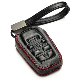 Vitodeco Genuine Leather Smart Key Fob Case with Leather Key Strap Compatible for Toyota Sienna 2021 - 2025 (5-Button, Black/Red)