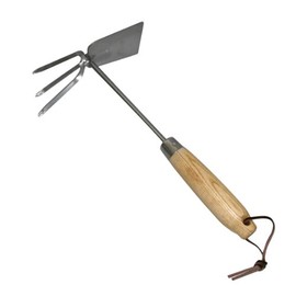 Xclou Garden Doppelhäckchen aus Edelstahl, mit hochwertigem Eschenholzgriff, mit Lederbändchen zur praktischen Aufbewahrung, für vielseitige Gartenarbeiten im Beet und Blumenkasten, sehr gut für schwer zugängliche Stellen, ca. 32,5 x 8,5 x 18,4 cm