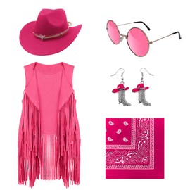 HyperFun Cowgirl Outfits for Women Western Costume Accessories Cowboy Hat Tassels Fringe Vest Earring Hippie Glasses Bandana