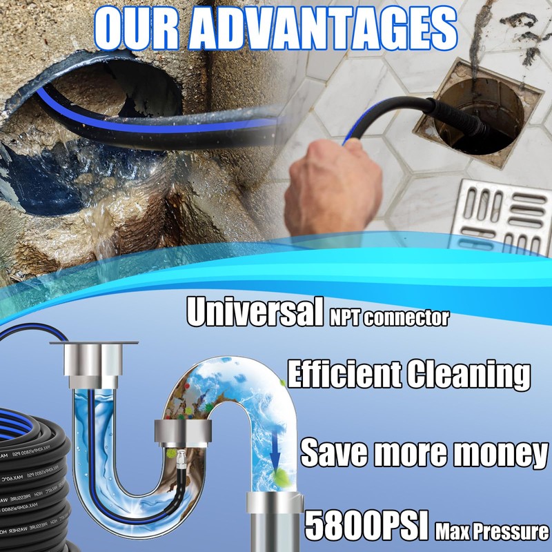 Sewer Jetter Kit for Pressure Washer(150FT),1/4" NPT Drain Cleaner Hose