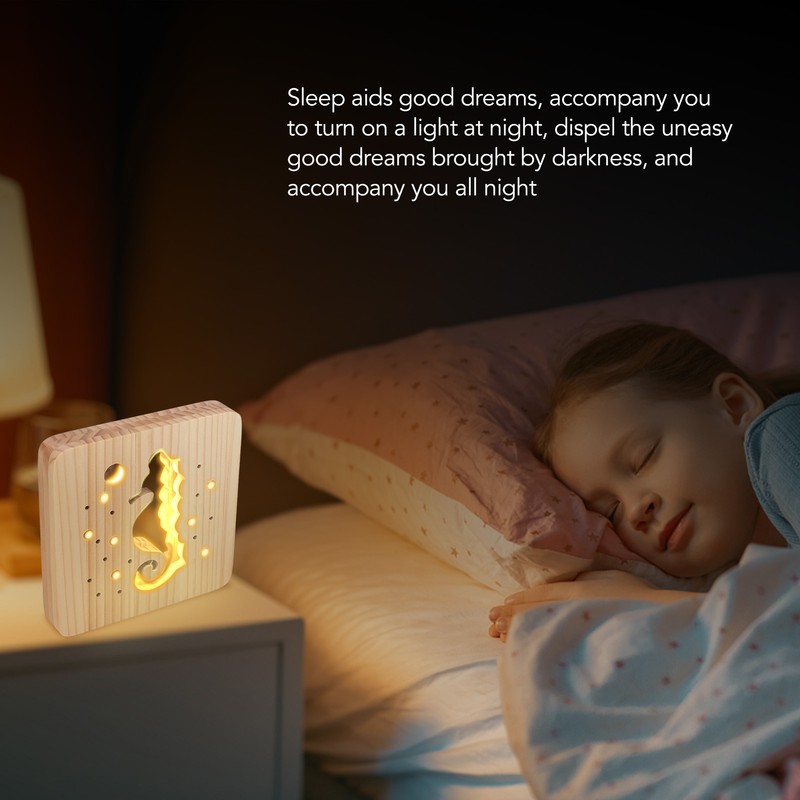 Wooden 3D LED Light Hollow Seahorse Pattern USB Power Supply