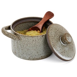 Honeydak Speckled Ceramic Salt Cellar with Lid and Wooden Spoon, Rustic Farmhouse Salt Pepper Cellar Holder for Housewarming Gift, Heavyweight Spices Jar for Kosher, Sea, Sugar