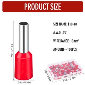 Wire End Ferrules 10 mm2 Pack of 100 Ferrules Set 10 mm2 x 18 mm, Red Wire End Ferrules Insulated for Garages, Distribution Boxes, Car Parts, Mechanics, Workshops